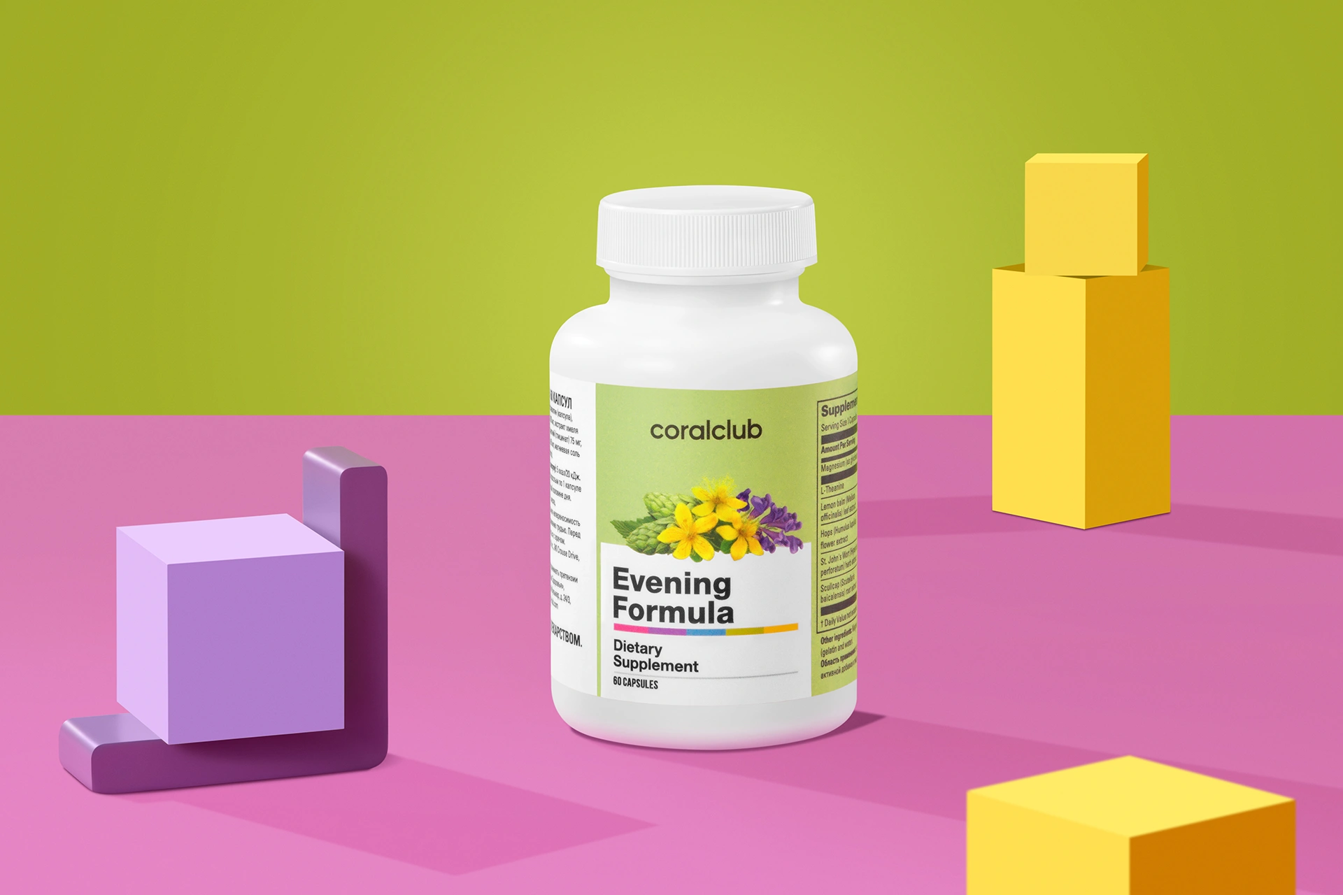 Kapsle Evening Formula vedle knihy a šálku uklidňujícího čaje