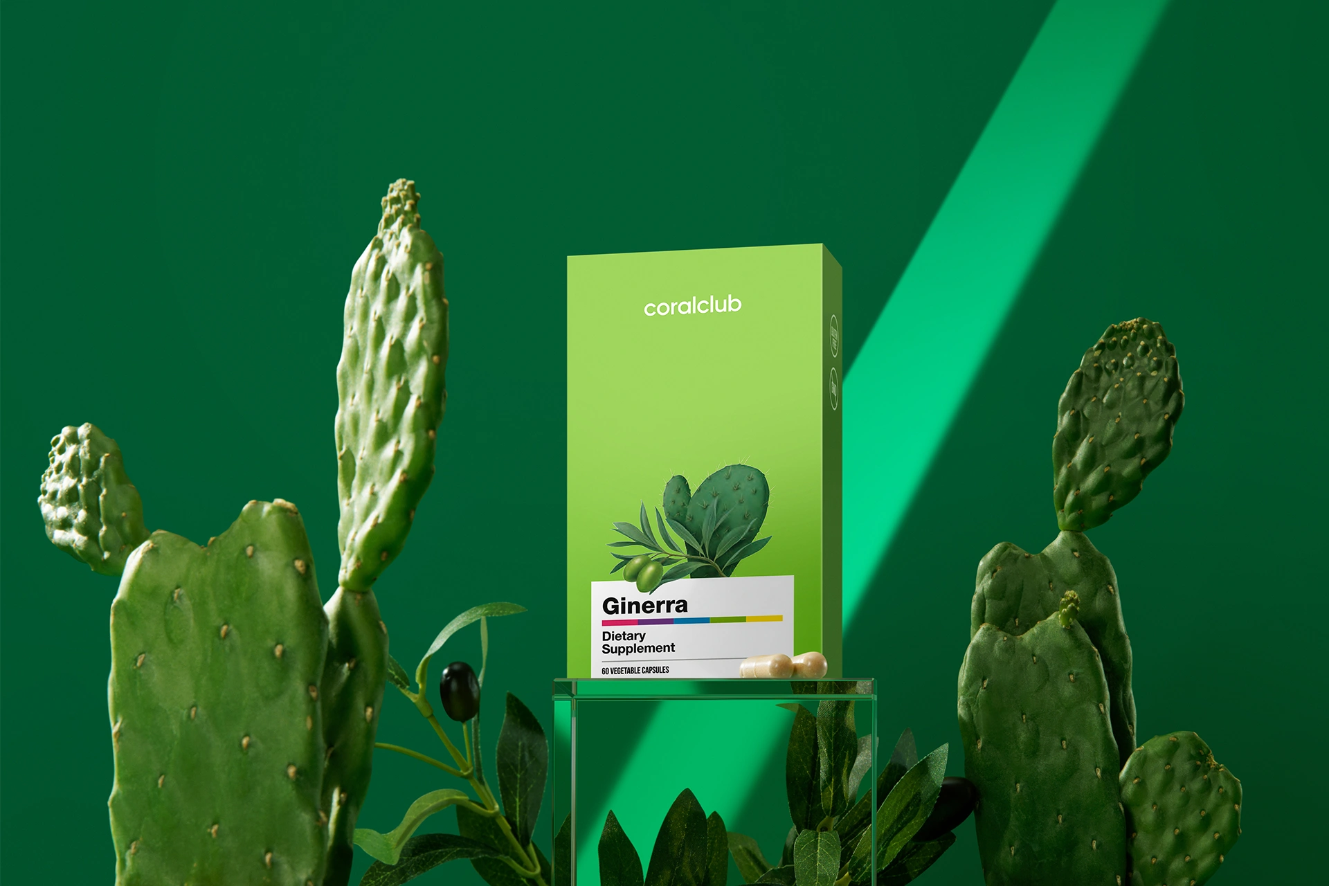 Ginerra complex capsules in an aesthetic lifestyle setting next to botanical ingredients