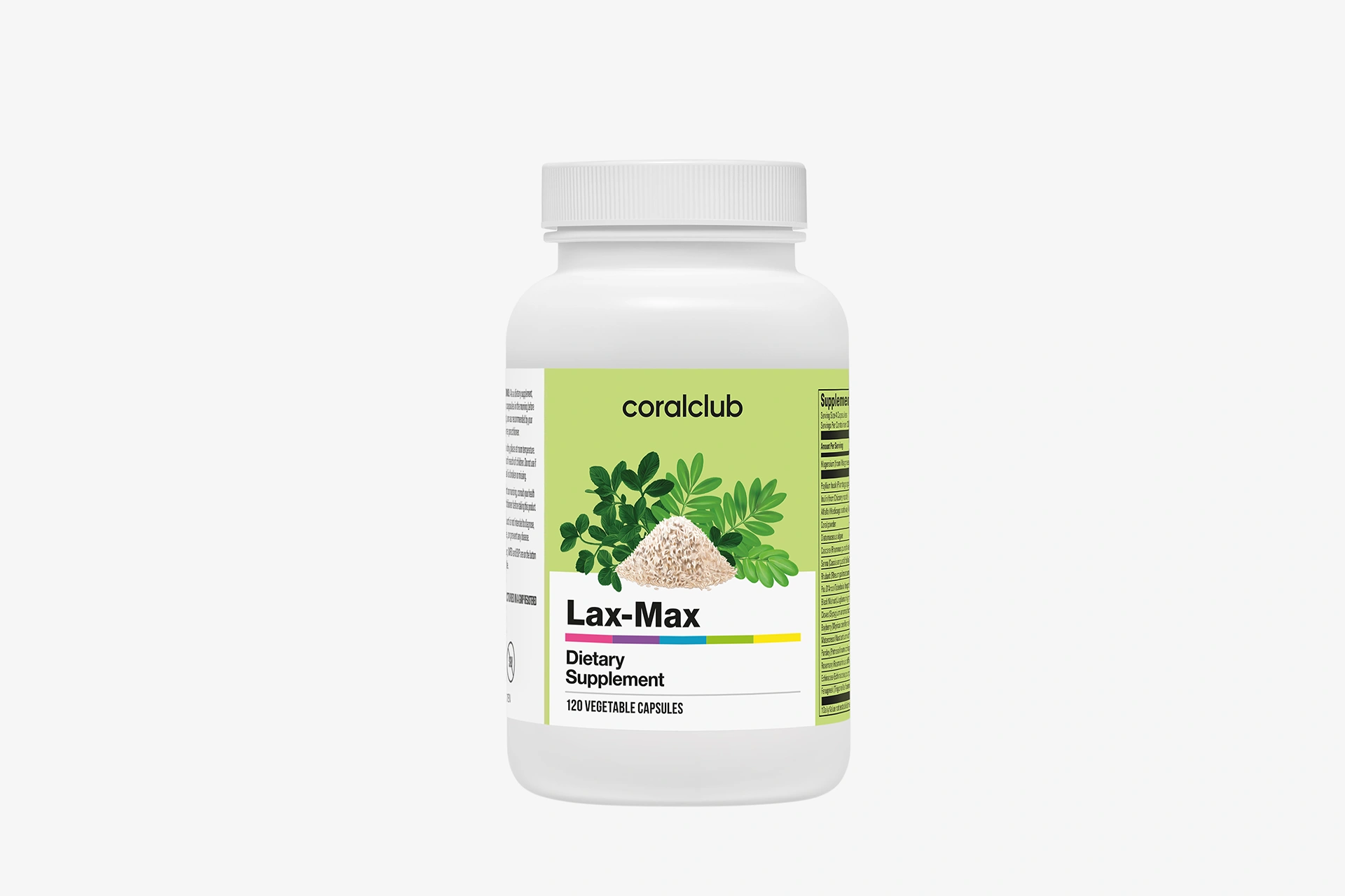 Packaging of the plant-based Lax-Max complex against a background of botanical elements and fresh greenery