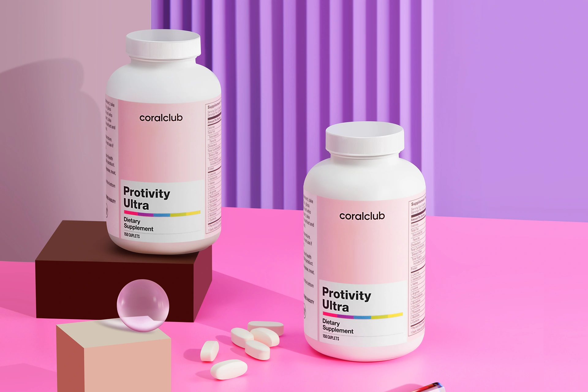Convenient tablet format of Protivity Ultra against a background of fresh ingredients for a healthy diet